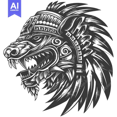 Aset desain premium: Black and White Illustration of a Mayan Warrior's Head with Feathers a