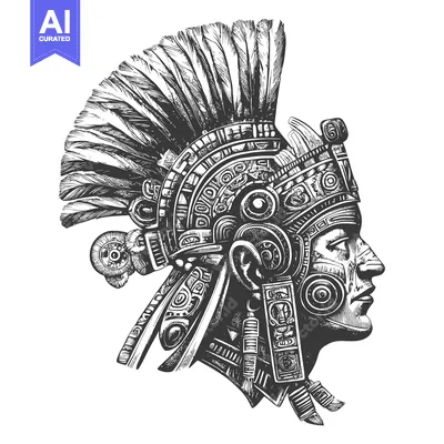 Aset desain premium: Black and White Illustration of a Mayan Warrior's Profile with Intrica