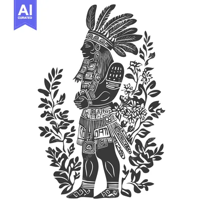 Aset desain premium: Black and White Illustration of a Mayan Warrior Standing in Front of a