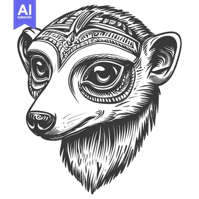 Premium design asset: Black and White Illustration of a Meerkat Head with Tribal Design
