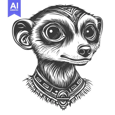 Aset desain premium: Black and White Illustration of a Meerkat with a Tribal Necklace