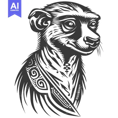 Aset desain premium: Black and White Illustration of a Meerkat with Tribal Design