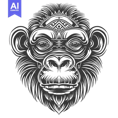 Premium design asset: Black and White Illustration of a Monkey's Face with Tribal Design Ele