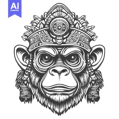 Aset desain premium: Black and White Illustration of a Monkey's Head with Ornate Headdress