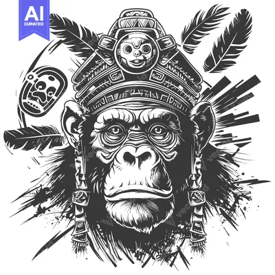 Aset premium populer: Black and White Illustration of a Monkey Wearing a Feathered Headpiece