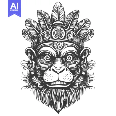 Aset premium populer: Black and White Illustration of a Monkey Wearing a Feather Headpiece
