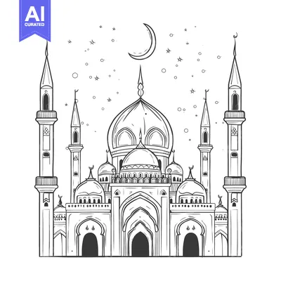 Black and White Illustration of a Mosque with a Crescent Moon and Star