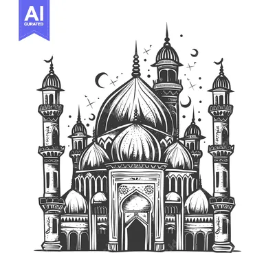 Popular premium asset: Black and White Illustration of a Mosque with Minarets and Domes