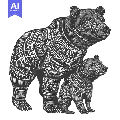 Popular premium asset: Black and White Illustration of a Mother Bear and Cub Decorated with G