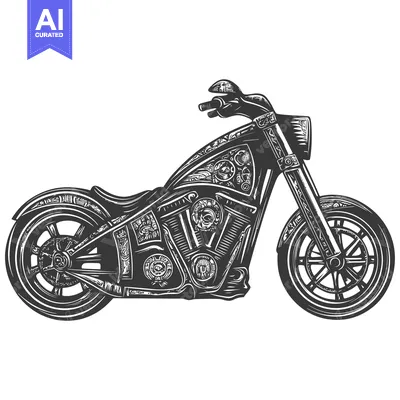 Black and White Illustration of a Motorcycle with Exposed Engine