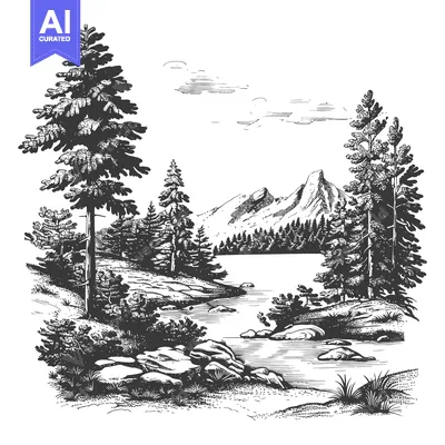 Black and White Illustration of a Mountain Lake Landscape