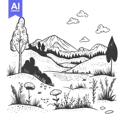 Aset desain premium: Black and White Illustration of a Mountain Landscape with Trees, Grass