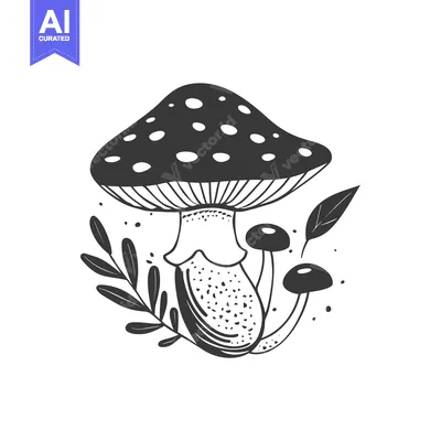 Popular premium asset: Black and White Illustration of a Mushroom with Leaves
