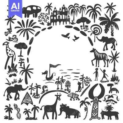 Aset desain premium: Black and White Illustration of an African Landscape with Animals and