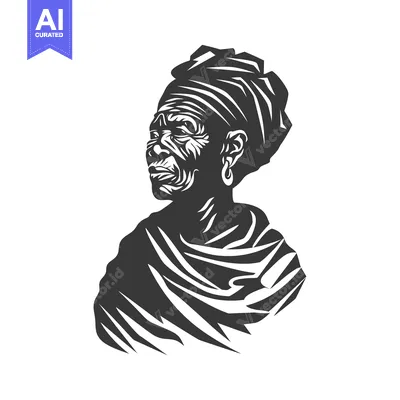 Premium design asset: Black and White Illustration of an African Woman Wearing a Headwrap