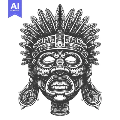 Aset desain premium: Black and White Illustration of an Ancient Aztec Mask with Feathers