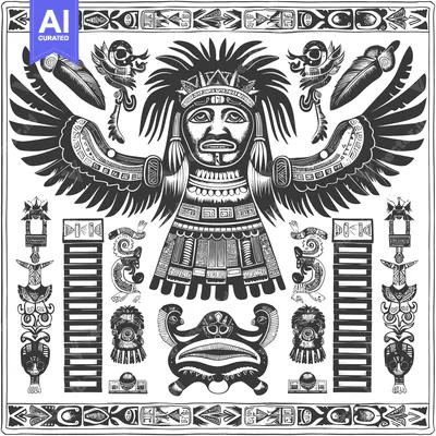 Premium design asset: Black and White Illustration of an Ancient Aztec-Style Deity with Wing
