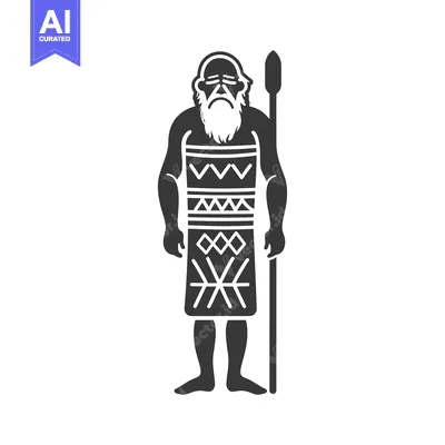 Aset desain premium: Black and White Illustration of an Ancient Man Holding a Spear