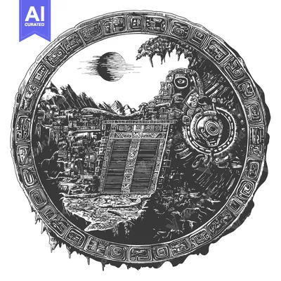 Aset desain premium: Black and White Illustration of an Ancient Mayan City Within a Circula