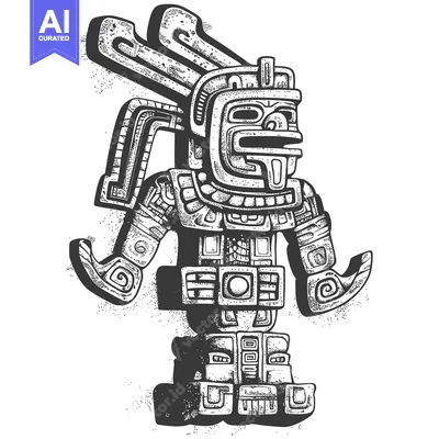 Premium design asset: Black and white illustration of an ancient Mayan deity