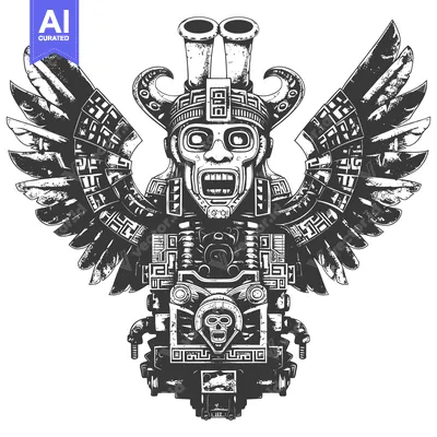 Aset desain premium: Black and White Illustration of an Ancient Mayan Deity with Wings