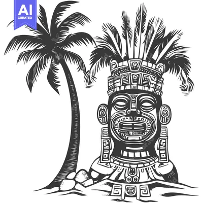 Aset desain premium: Black and white illustration of an ancient Mayan head and a palm tree