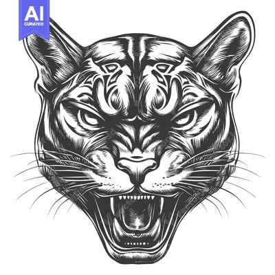 Popular premium asset: Black and white illustration of an angry feline with sharp teeth and w