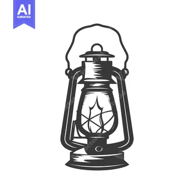 Aset desain premium: Black and white illustration of an antique kerosene lantern