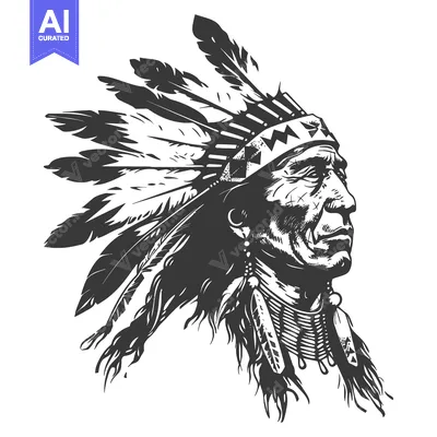 Aset premium populer: Black and White Illustration of a Native American Chief in Profile Wea