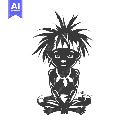 Aset desain premium: Black and White Illustration of a Native American Child