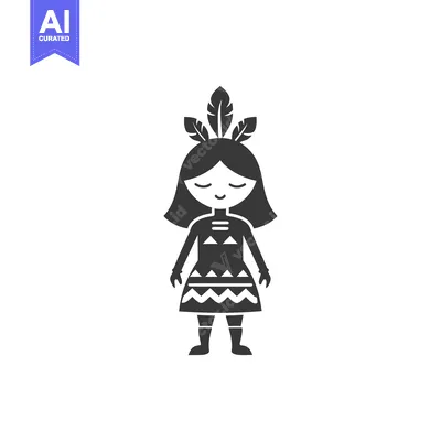 Aset premium populer: Black and White Illustration of a Native American Girl