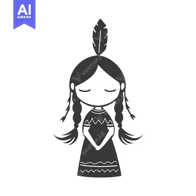 Popular premium asset: Black and white illustration of a Native American girl with braids and
