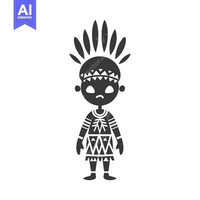 Aset desain premium: Black and White Illustration of a Native American in Traditional Cloth