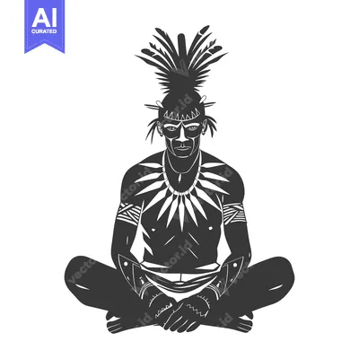 Aset desain premium: Black and White Illustration of a Native American Man in Traditional A