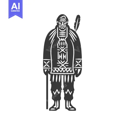 Aset desain premium: Black and White Illustration of a Native American Man with a Staff and