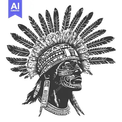 Aset premium populer: Black and White Illustration of a Native American Warrior Wearing a He