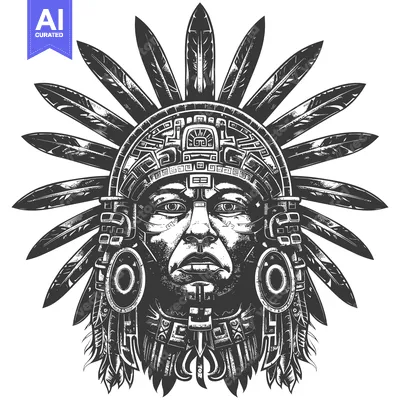 Premium design asset: Black and White Illustration of a Native American with Feathers and Or