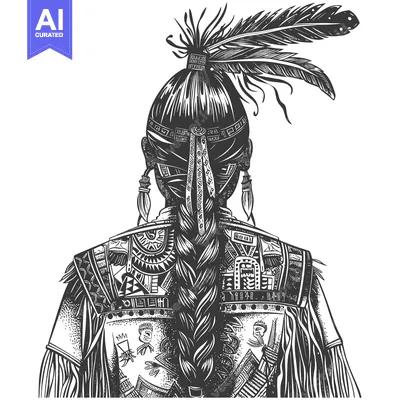 Aset desain premium: Black and White Illustration of a Native American Woman with Braids an