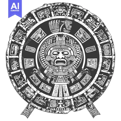 Popular premium asset: Black and white illustration of an Aztec calendar stone