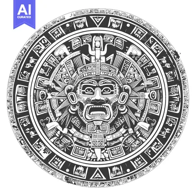 Aset premium populer: Black and White Illustration of an Aztec Calendar Stone with a Ferocio