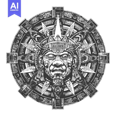 Aset desain premium: Black and White Illustration of an Aztec Calendar with a Face in the C