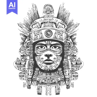 Popular premium asset: Black and White Illustration of an Aztec Deity with Feathers and Geome