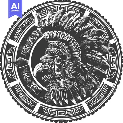 Aset desain premium: Black and White Illustration of an Aztec Eagle Warrior with Feathers