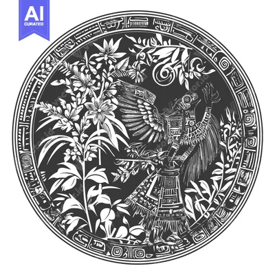 Aset desain premium: Black and White Illustration of an Aztec God with Wings in a Circular