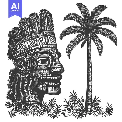 Aset desain premium: Black and White Illustration of an Aztec Head with Palm Tree