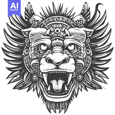 Premium design asset: Black and White Illustration of an Aztec Jaguar with Wings