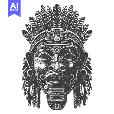 Popular premium asset: Black and White Illustration of an Aztec Mask with Feathers