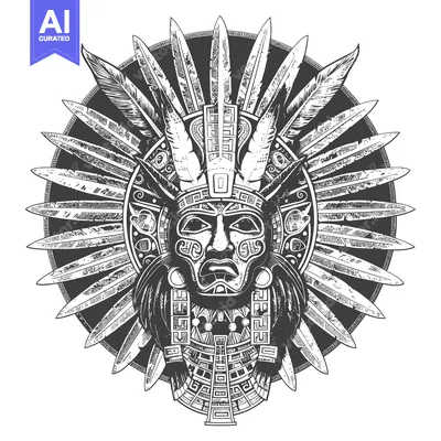 Aset desain premium: Black and White Illustration of an Aztec Mask with Feathers