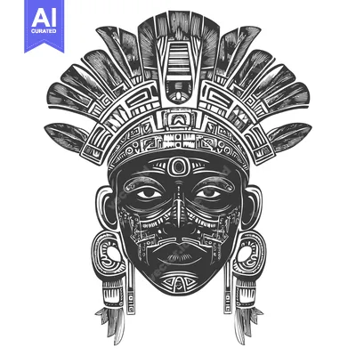 Aset premium populer: Black and White Illustration of an Aztec Mask with Intricate Designs