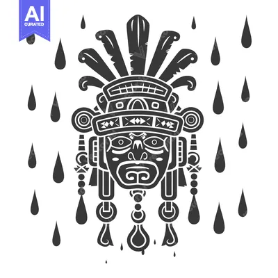 Premium design asset: Black and White Illustration of an Aztec Mask with Rain Droplets